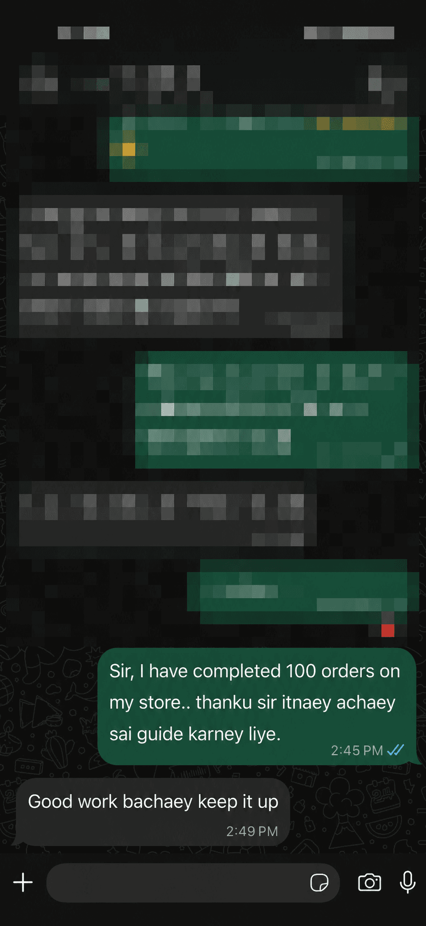 WhatsApp conversation screenshot 2, phone number cropped